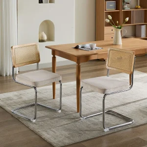 Eetkamerstoel – met eikenkleurige geweven rotan rugleuning en frame – beige metaal Eetkamerstoel – met eikenkleurige geweven rotan rugleuning en frame – beige metaal