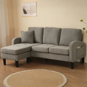 Driezitsbank met chaise longue – Hoekbank met zijvakken – Donkergrijze katoen-linnen stof Driezitsbank met chaise longue – Hoekbank met zijvakken – Donkergrijze katoen-linnen stof