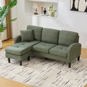 Driezitsbank met chaise longue – Hoekbank met zijvakken – Groene katoen-linnen stof Driezitsbank met chaise longue – Hoekbank met zijvakken – Groene katoen-linnen stof