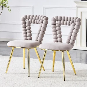 Fluwelen eetkamerstoelen (set van 2) – rugleuning met driehoekige uitsparing, vergulde metalen poten, lichtgrijs