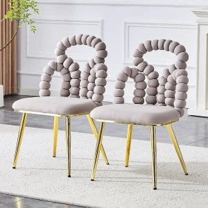 Eetkamerstoelen met fluwelen bekleding (set van 2) met rugleuning met bollen en kettingen, stevige vergulde metalen poten, lichtgrijs