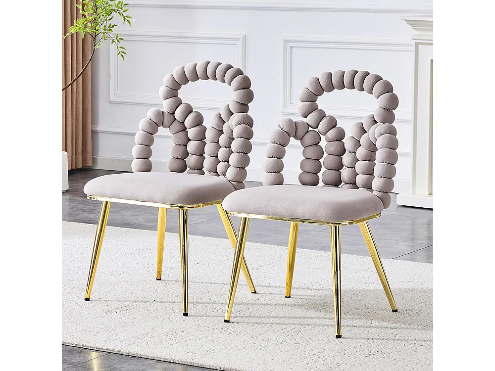 Eetkamerstoelen met fluwelen bekleding (set van 2) met rugleuning met bollen en kettingen, stevige vergulde metalen poten, lichtgrijs