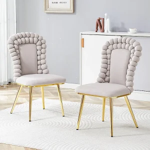 Eetkamerstoelen met fluweel (set van 2), bolvormige rugleuning, goudkleurige metalen poten, lichtgrijs