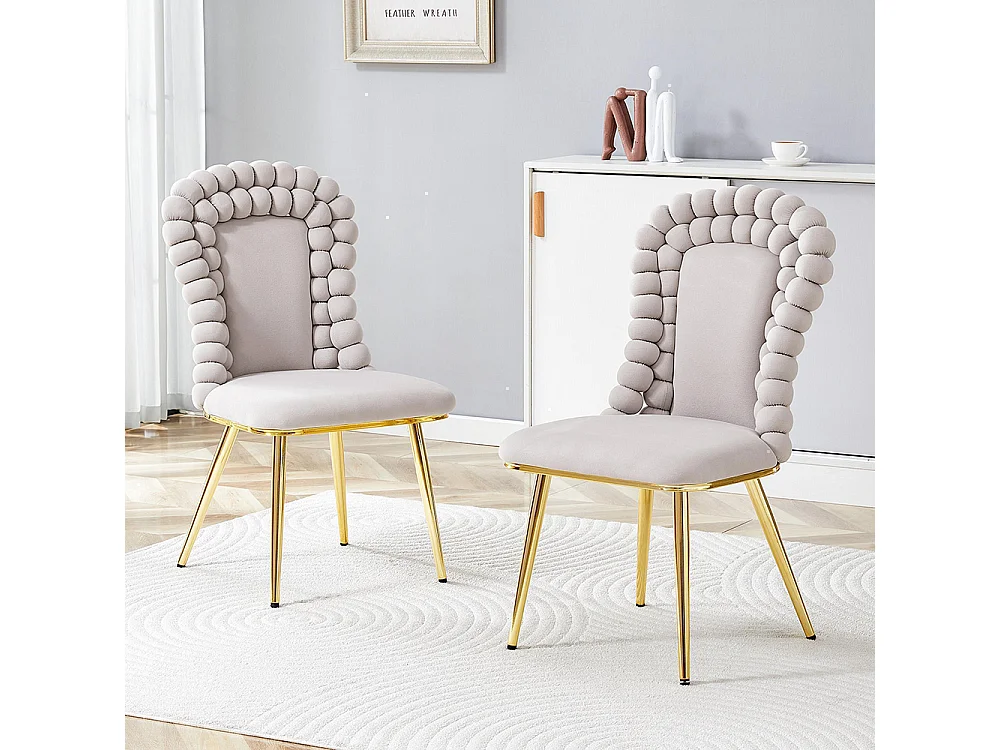 Eetkamerstoelen met fluweel (set van 2), bolvormige rugleuning, goudkleurige metalen poten, lichtgrijs