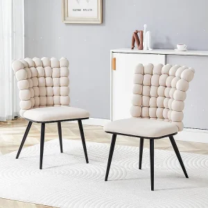 Eetkamerstoelen met fluwelen kussens (set van 2) – zwartgelakte metalen poten + stabiele steun, crèmewit