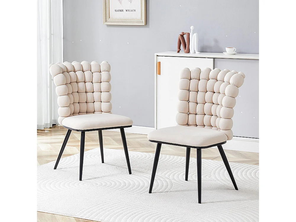 Eetkamerstoelen met fluwelen kussens (set van 2) - zwartgelakte metalen poten + stabiele steun, crèmewit