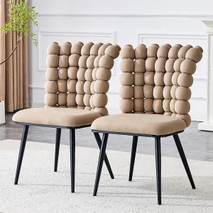 Eetkamerstoelen met fluwelen kussens (set van 2) – zwart geverfde metalen poten + stabiele steun, camelkleurig