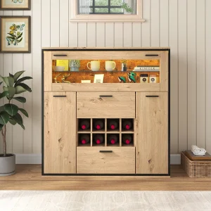 Dressoir met 3 deuren 2 lades & flessenhouders – glazen planken – houteffect – kleuren: eiken en zwart Dressoir met 3 deuren 2 lades & flessenhouders – glazen planken – houteffect – kleuren: eiken en zwart