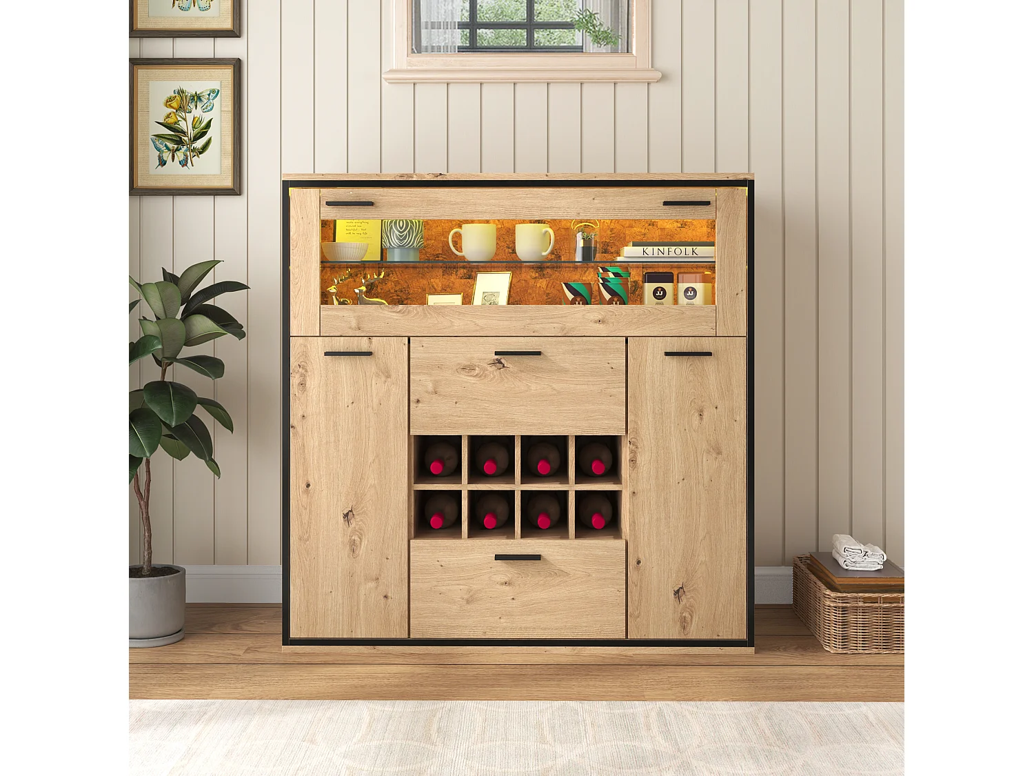 Dressoir met 3 deuren 2 lades & flessenhouders - glazen planken - houteffect - kleuren: eiken en zwart