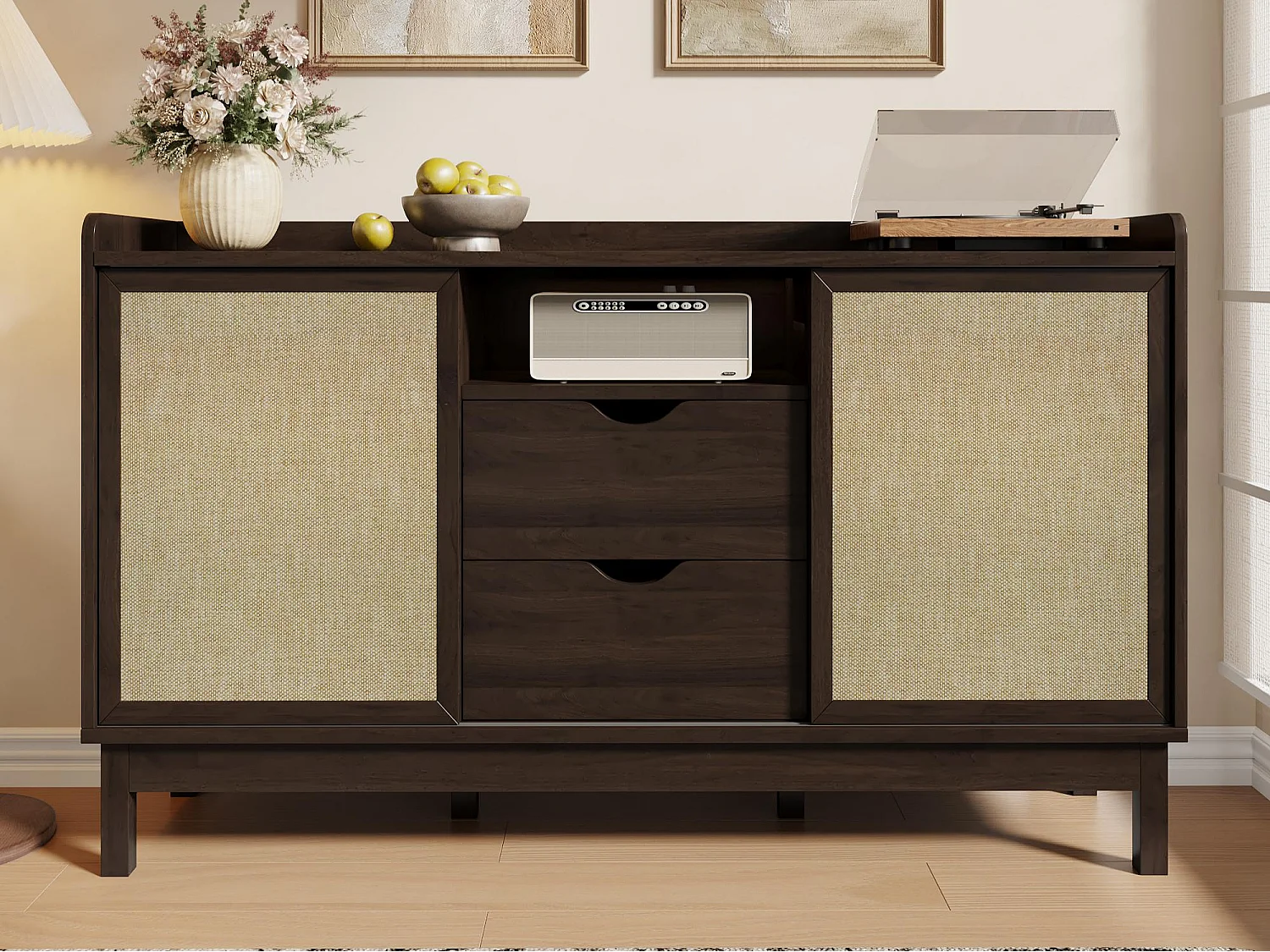 Dressoir 150x39,5x80 cm - 2 schuifdeuren en 2 lades - verstelbare planken - spaanplaat - Bruin