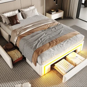 Eenpersoonsbed 90×200 cm – met 2 lades – zonder hoofdeinde – met LED-verlichting – wit​ (matras niet inbegrepen)