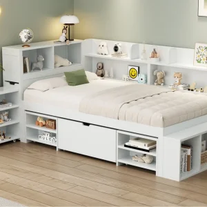 Eenpersoonsbed 90x190cm van MDF – met lades en planken – met kleine verwijderbare boekenkast – met lattenbodem – Wit (zonder matras) Eenpersoonsbed 90x190cm van MDF – met lades en planken – met kleine verwijderbare boekenkast – met lattenbodem – Wit (zonder matras)
