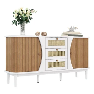 Dressoir met schuifdeuren en verstelbare planken, MDF en spaanplaat, wit en hout (140,5 x 40 x 76 cm)
