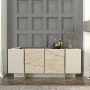 Dressoir – 180 cm x 75,5 cm x 46,6 cm – Kleur travertijn en zandsteen – Materiaal: melamine gecoate spaanplaat Dressoir – 180 cm x 75,5 cm x 46,6 cm – Kleur travertijn en zandsteen – Materiaal: melamine gecoate spaanplaat
