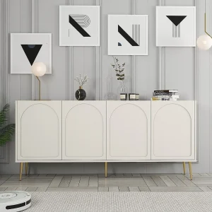 Elegant crèmekleurig en goudkleurig dressoir – 180 x 80 x 35 cm – Melamine gecoat spaanplaat Elegant crèmekleurig en goudkleurig dressoir – 180 x 80 x 35 cm – Melamine gecoat spaanplaat