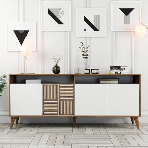 Elegant dressoir – 180 x 35 x 78 cm – Walnoot en wit – Melamine gecoate spaanplaat Elegant dressoir – 180 x 35 x 78 cm – Walnoot en wit – Melamine gecoate spaanplaat