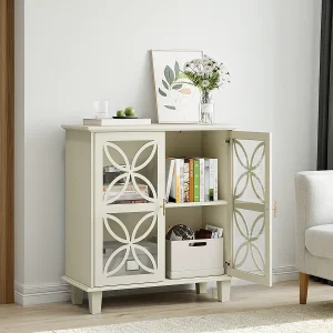 Dressoir met glazen deuren, moderne retro opbergkast, crème