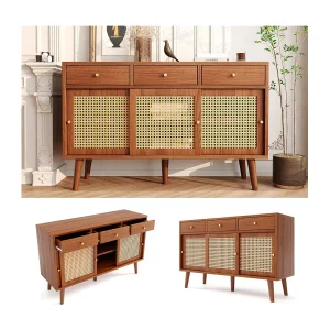 Dressoir in walnootkleur met 3 lades, 3 schuifdeuren, rieten gaas, poten van massief hout, gouden handgrepen, verstelbare planken, 120x40x78cm. Dressoir in walnootkleur met 3 lades, 3 schuifdeuren, rieten gaas, poten van massief hout, gouden handgrepen, verstelbare planken, 120x40x78cm.