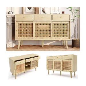 Eikenhouten dressoir met 3 lades en 3 schuifdeuren, rotangaas, massief houten poten, gouden handgreep, 120x40x78cm Eikenhouten dressoir met 3 lades en 3 schuifdeuren, rotangaas, massief houten poten, gouden handgreep, 120x40x78cm