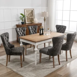 Eetkamerstoelenset van 6, accentstoel met fluwelen bekleding, spijkerkopafwerking en massief houten poten, grijs.