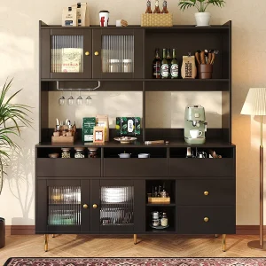 Eetkamer hoge kast zwart/goud (145x39x171cm) met geperforeerde glazen deuren & wijnrek Eetkamer hoge kast zwart/goud (145x39x171cm) met geperforeerde glazen deuren & wijnrek