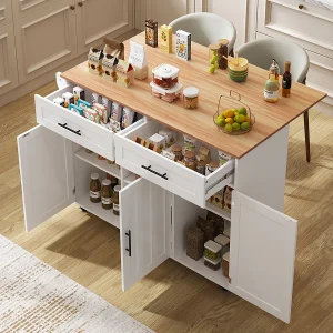 Eettafeltrolley met opklapbaar tafelblad, 5 wielen, wit Eettafeltrolley met opklapbaar tafelblad, 5 wielen, wit