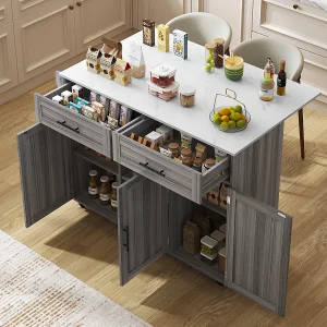 Eettafel/dressoir in wit + kakigrijs met opklapbaar blad, 5 wielen, opbergruimte en 2 lades Eettafel/dressoir in wit + kakigrijs met opklapbaar blad, 5 wielen, opbergruimte en 2 lades