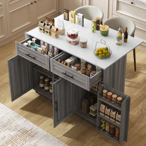 Eetwagen/dressoir, 129x46x91,5cm, wit marmer, kakigrijs, uitschuifbaar, wielen Eetwagen/dressoir, 129x46x91,5cm, wit marmer, kakigrijs, uitschuifbaar, wielen