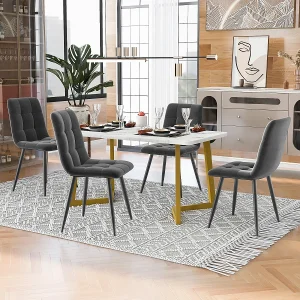 Eettafelset van 117 cm met 4 donkergrijze fluwelen stoelen, gouden poten Eettafelset van 117 cm met 4 donkergrijze fluwelen stoelen, gouden poten
