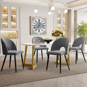 Eettafelset van grijs fluweel met gouden poten (tafel 117×68 cm, 4 stoelen) Eettafelset van grijs fluweel met gouden poten (tafel 117×68 cm, 4 stoelen)