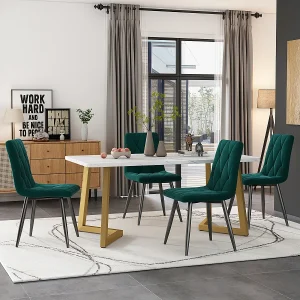 Eetkamerset: rechthoekige tafel van 117 x 68 cm met 4 donkergroene fluwelen stoelen en gouden poten. Eetkamerset: rechthoekige tafel van 117 x 68 cm met 4 donkergroene fluwelen stoelen en gouden poten.