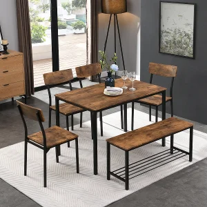 Eettafel, stoel en bankset, 6 houten en stalen frames, industriële stijl keuken eettafelset Eettafel, stoel en bankset, 6 houten en stalen frames, industriële stijl keuken eettafelset