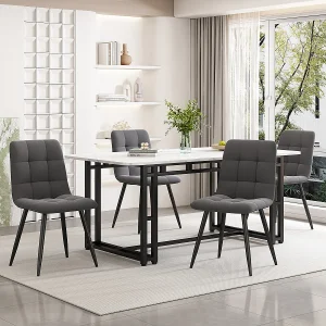 Eettafelset van 140×80 cm, zwart, met 4 donkergrijze fluwelen stoelen en zwarte ijzeren poten. Eettafelset van 140×80 cm, zwart, met 4 donkergrijze fluwelen stoelen en zwarte ijzeren poten.