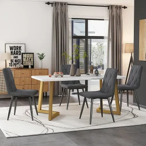 Eetkamerset: rechthoekige tafel van 117 x 68 cm met 4 donkergrijze linnen stoelen en gouden poten. Eetkamerset: rechthoekige tafel van 117 x 68 cm met 4 donkergrijze linnen stoelen en gouden poten.