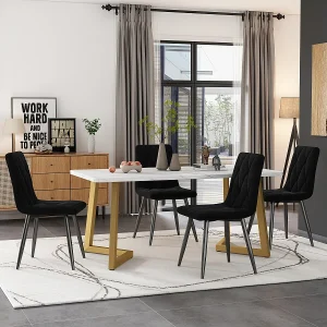 Eetkamerset (117x68cm tafel met 4 stoelen), rechthoekige moderne keukentafelset, zwarte fluwelen stoelen, gouden poten.