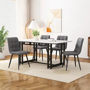 Eettafelset van 120×70 cm, zwart, met 4 donkergrijze fluwelen stoelen en zwarte ijzeren poten. Eettafelset van 120×70 cm, zwart, met 4 donkergrijze fluwelen stoelen en zwarte ijzeren poten.