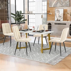 Eettafelset van 117 cm met 4 beige fluwelen stoelen, gouden poten Eettafelset van 117 cm met 4 beige fluwelen stoelen, gouden poten