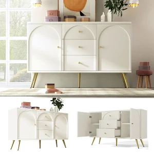 Dressoir met 2 deuren en 3 laden, witte deurkast met lade, verstelbare plank, crèmewit H84/B140/D40cm Dressoir met 2 deuren en 3 laden, witte deurkast met lade, verstelbare plank, crèmewit H84/B140/D40cm