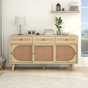 Dressoir van hout, 140 cm, deur van PE-rotan, verstelbare planken, 3 lades, 3 schuifdeuren.