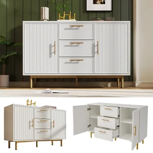 Dressoir met 2 deuren, 3 laden en verstelbare plank, wit – H75/B120/D40 cm Dressoir met 2 deuren, 3 laden en verstelbare plank, wit – H75/B120/D40 cm