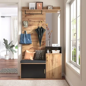 Garderobeset met 4 haken, spiegel, schoenenkast, wandrek, plank, bank. (Boren vereist) Garderobeset met 4 haken, spiegel, schoenenkast, wandrek, plank, bank. (Boren vereist)