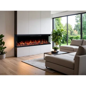 Driezijdige elektrische haard UNITY 127 – premium vlam – voor wand en inbouw – 127x19x36 cm – LED-haard met verwarming 900/1800 W