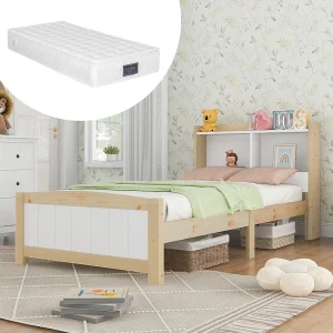 Eenpersoonsbed 90×200 cm met opbergbaar hoofdeinde – Kinderbed met matras – Licht naturel en wit Eenpersoonsbed 90×200 cm met opbergbaar hoofdeinde – Kinderbed met matras – Licht naturel en wit