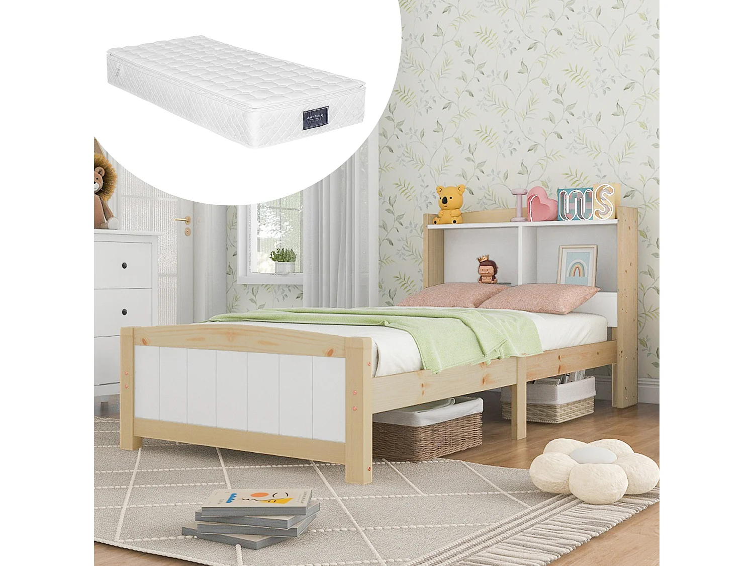 Eenpersoonsbed 90x200 cm met opbergbaar hoofdeinde - Kinderbed met matras - Licht naturel en wit