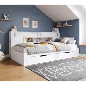 Eenpersoons slaapbank 90x200cm met 2 lades en plank – MDF-hout – Wit