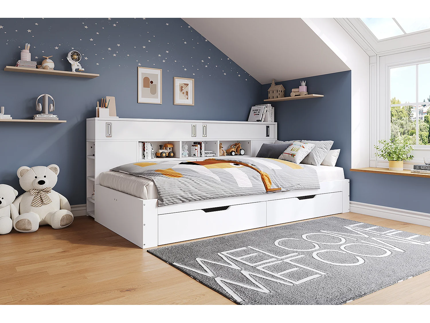Eenpersoons slaapbank 90x200cm met 2 lades en plank - MDF-hout - Wit