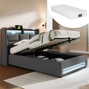 Eenpersoonsbed met opbergruimte 90×200 cm met USB-poort, ledverlichting en matras – Grijze linnen stof