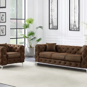 Driezits-Chesterfieldbank en -fauteuil van microvezel met verouderd leereffect EDWINA Driezits-Chesterfieldbank en -fauteuil van microvezel met verouderd leereffect EDWINA