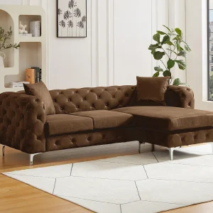 Omkeerbare chesterfield hoekbank in microvezel met vintage bruinleren look EDWINA