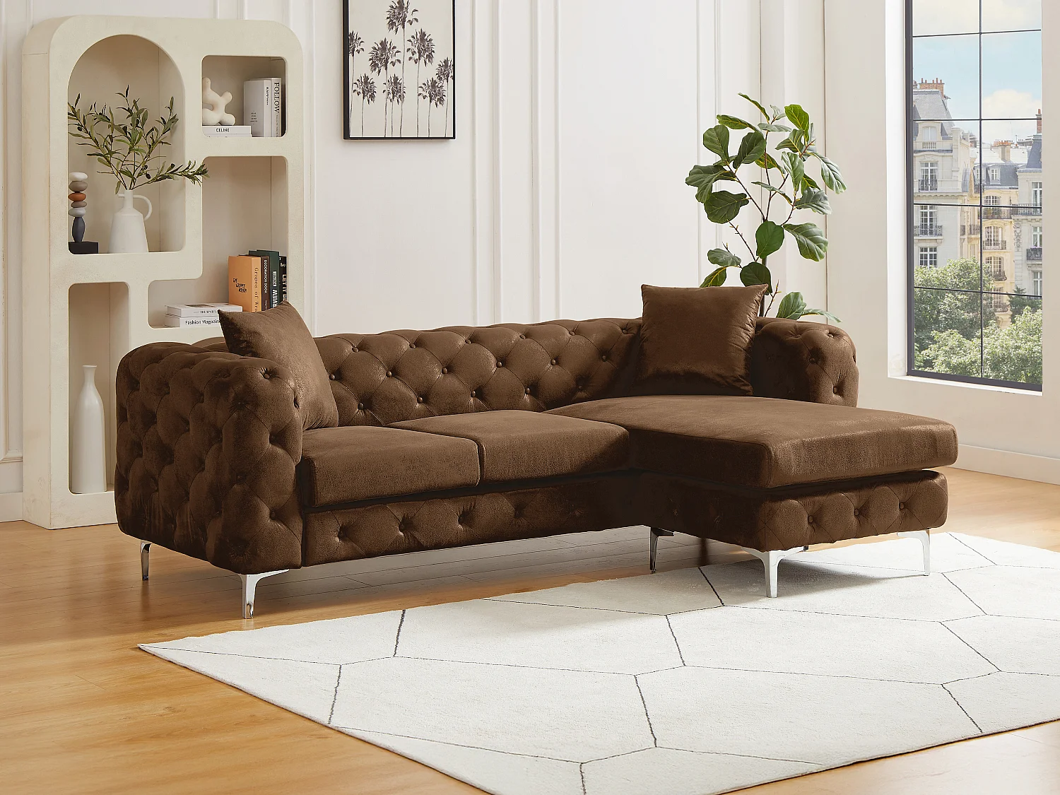 Omkeerbare chesterfield hoekbank in microvezel met vintage bruinleren look EDWINA